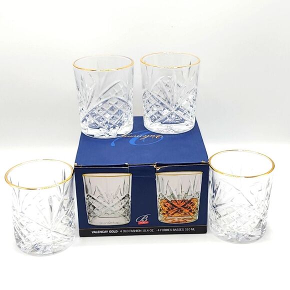 Set Of 4‎ Valencay Gold Embossed  Whiskey Glasses Old Fashioned Drinkware 10.4oz - Picture 2 of 13